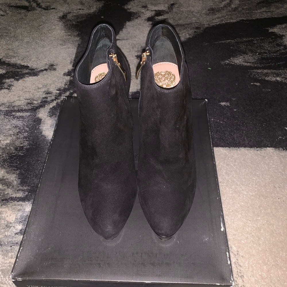 Black platform booties with gold details